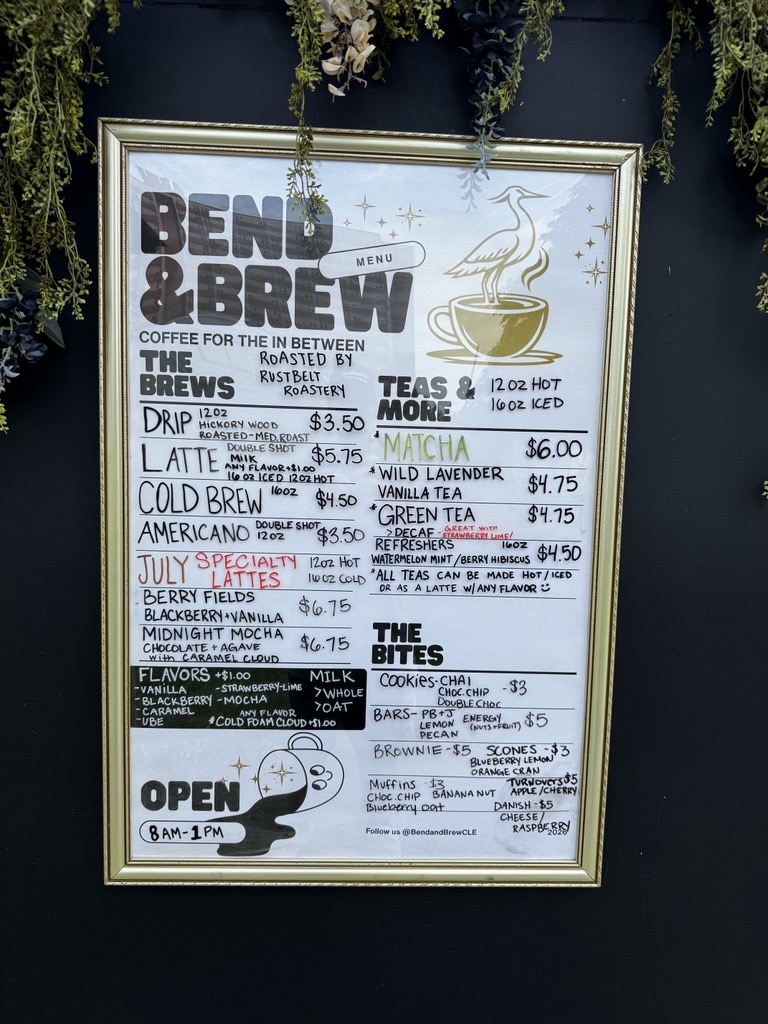 Bend & Brew Coffee Co. framed trailer menu board with coffee, tea, and bites